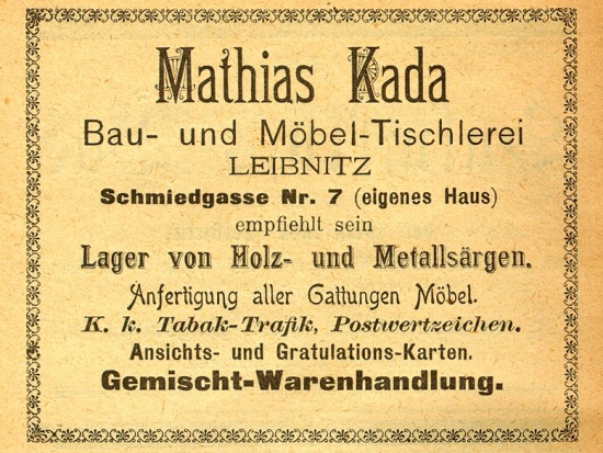 Annonce aus: Leibnitz Einst und Jetzt, Verlag von Fr. Hawliks Buchhandlung, Leibnitz 1902.